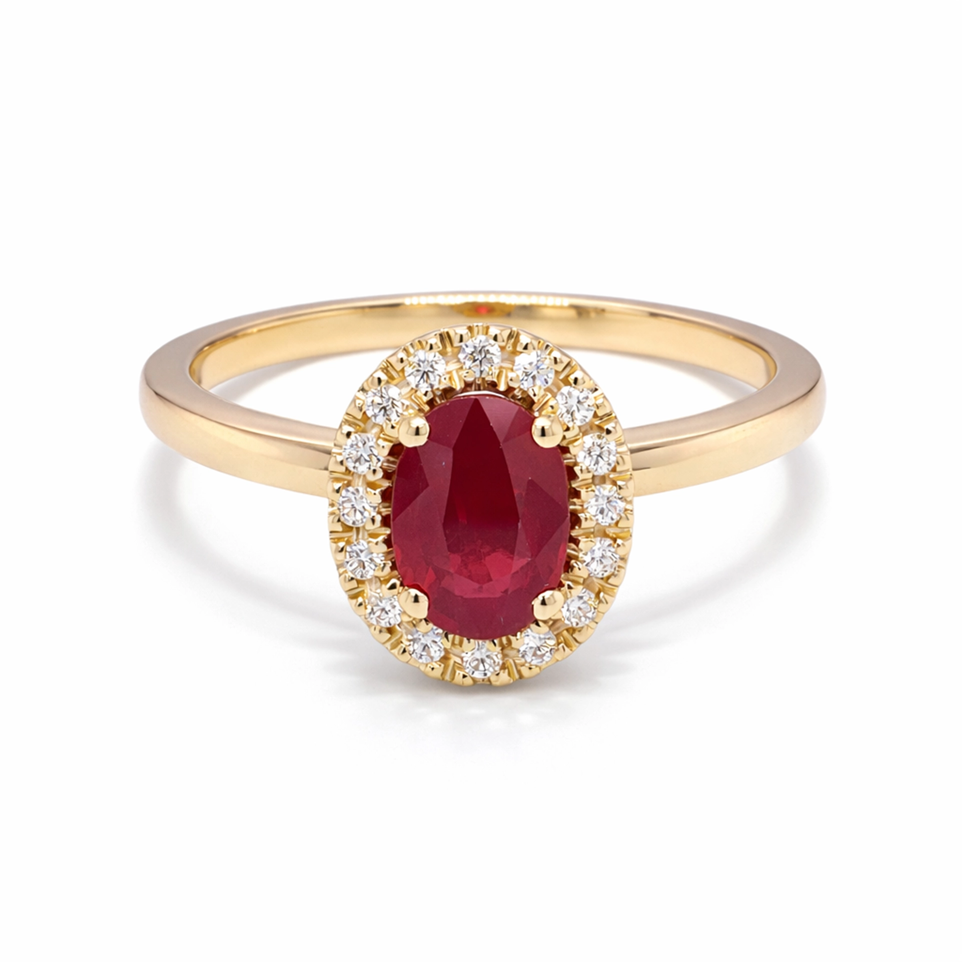 Natural Ruby Halo Ring In 18K Yellow Gold With Oval Ruby Diamonds 5 - Orogem Jewelers Front View Of Oval Natural Ruby Ring In 18K Yellow Gold With Bright Halo Of Natural D–F Vs Diamonds.
