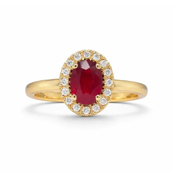 Bague halo rubis naturel en or jaune 18 carats avec rubis ovale naturel de 0,83 ct et fin halo de diamants naturels D–F VS.