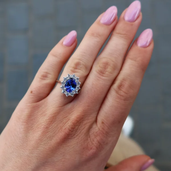 Oval Tanzanite Diamond Halo Ring In 18K White Gold, 1.94 Ct Blue Tanzanite With 0.72 Ct Natural Round Brilliant Diamonds D–F Vs