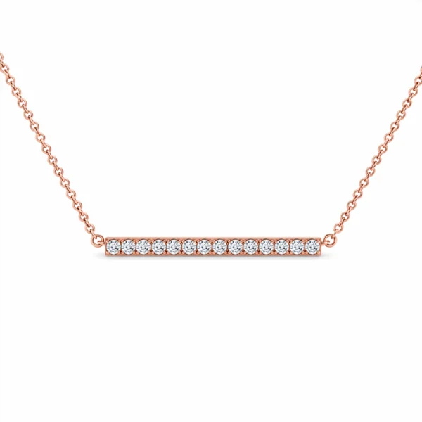 Rose gold diamond bar necklace in 18k set with 14 natural diamonds totalling 0.10 ct in F colour and VS–SI clarity.