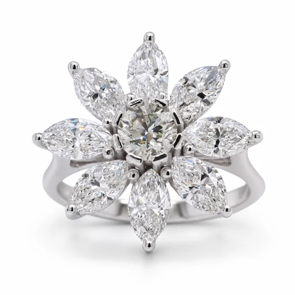 Diamond Flower Ring In 18K White Gold With A 0.42 Ct Gia-Certified Fancy Light Grayish Greenish Yellow Center Diamond And 2.10 Ct Marquise-Cut D-F Vs Diamonds.