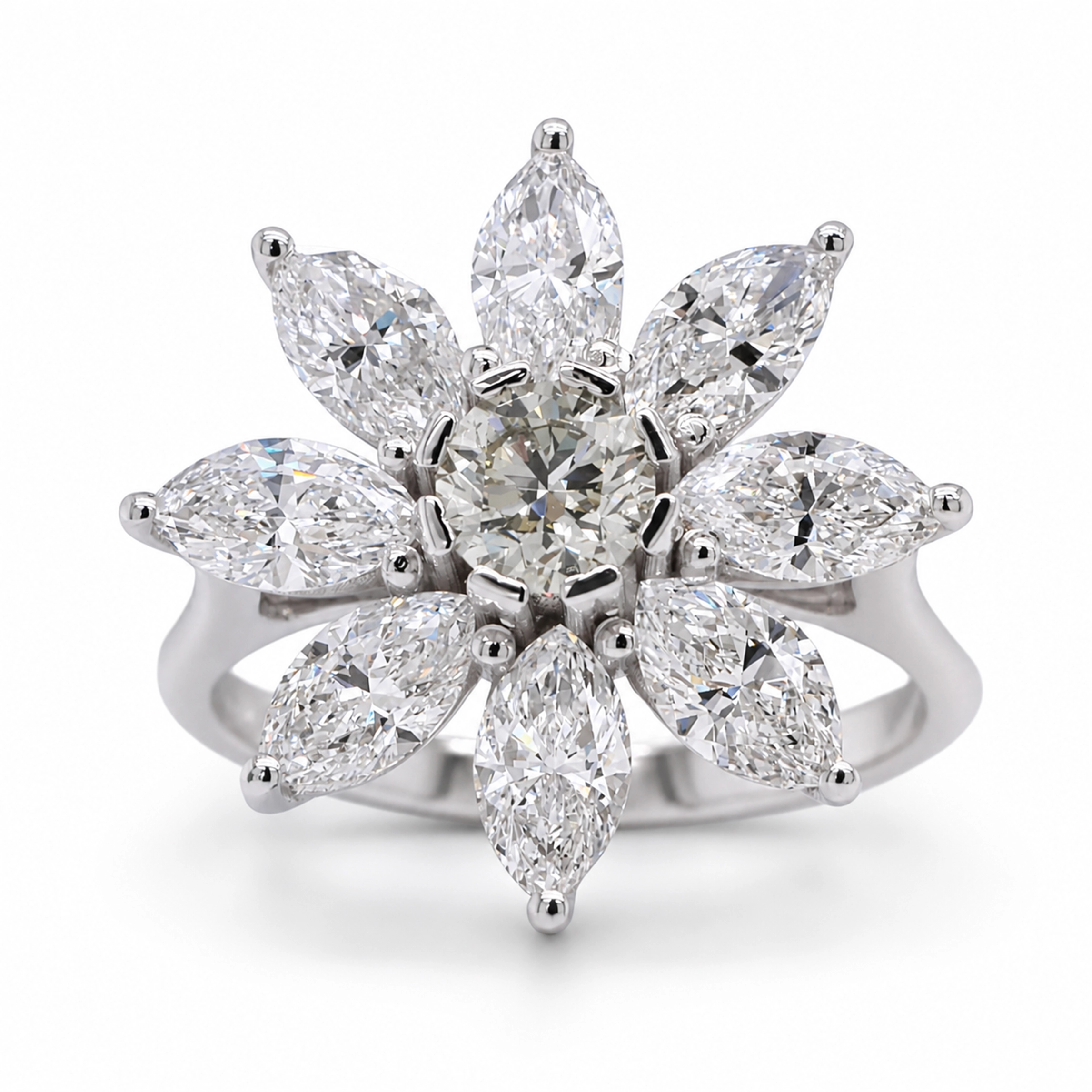 Diamanten Bloemring In 18K Witgoud Met Markiesdiamanten 1 - Orogem Jewelers Diamanten Bloemring In 18K Witgoud Met Een 0,42 Ct Gia-Gecertificeerde Fancy Light Grayish Greenish Yellow Middendiamant En 2,10 Ct Markiesgeslepen D-F Vs Diamanten.