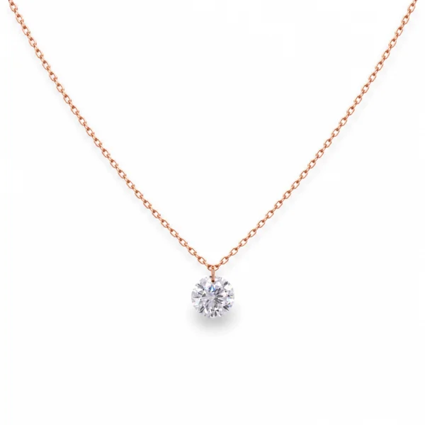 Rose gold lab grown diamond necklace in 18k with a 0.50 ct drilled round diamond, front view on fine chain.
