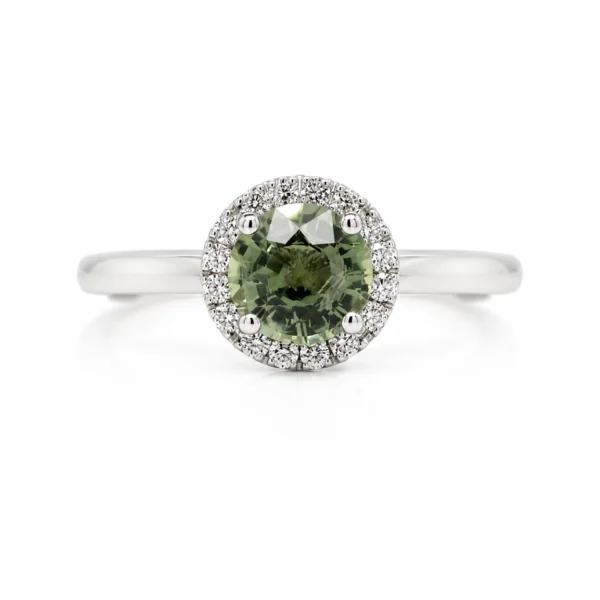 Groene saffier halo ring in 18k witgoud met een gecertificeerde natuurlijke saffier van 1,14 ct en 0,13 ct D-F VS natuurlijke diamanten, vooraanzicht.