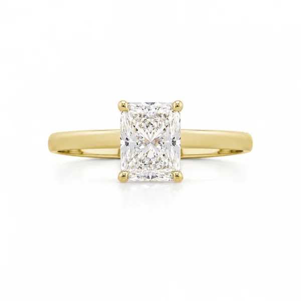 Radiant solitaire diamanten ring in 18k geelgoud met een 1,01 ct H VVS1 GIA-gecertificeerde diamant, vooraanzicht.