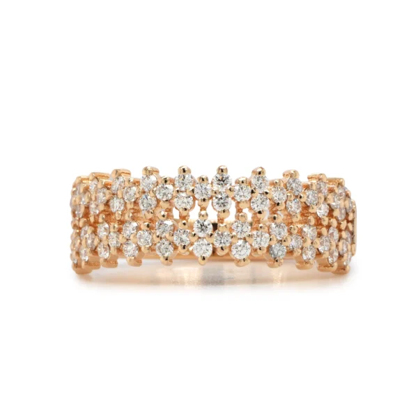 Rose gold diamond band ring in 18k with 0.58 ct natural diamonds, wide band silhouette, and open center pavé detail.