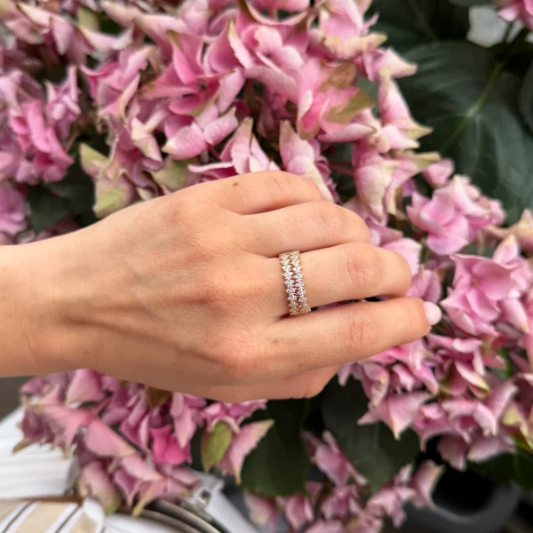 Rose gold diamond band ring in 18k with pavé openwork detail