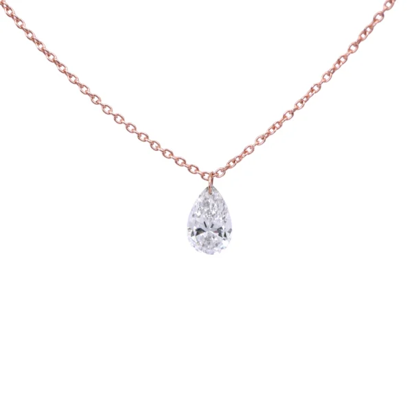 Rose gold pear diamond pendant in 18k with a 0.50 ct lab grown pear cut diamond, front view on a fine chain.