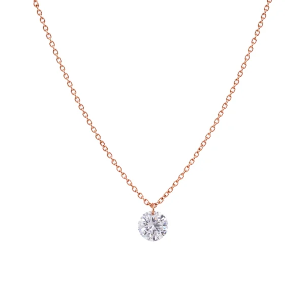 Roségouden ronde diamanten ketting in 18k met een 0,30 ct labgrown ronde brilliant geslepen diamant, vooraanzicht aan fijne ketting.