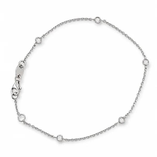 Witgouden diamanten station armband in 18k met 0,10 ct D-F VS natuurlijke diamanten op een fijne ketting van 17,5 cm, vooraanzicht.