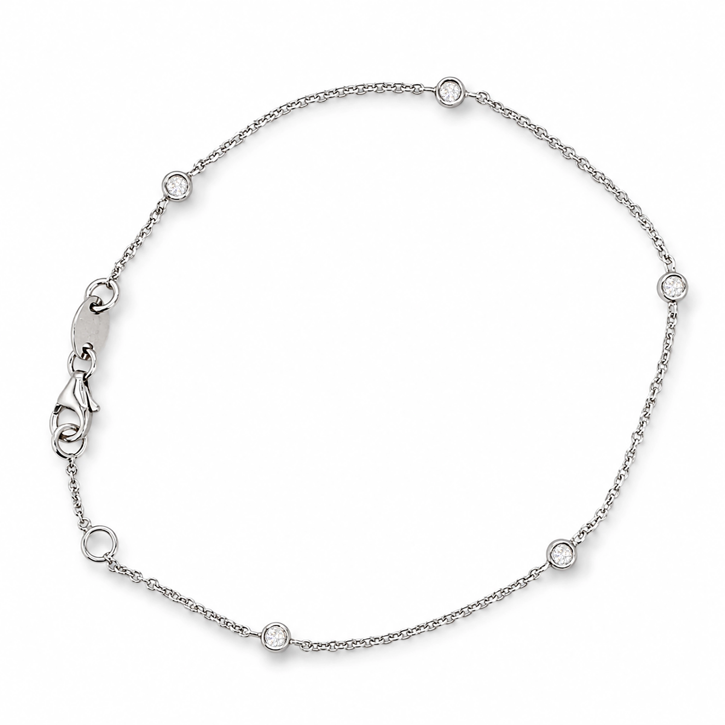White Gold Diamond Station Bracelet In 18K With 0.10 Ct Diamonds 1 - Orogem Jewelers White Gold Diamond Station Bracelet In 18K With 0.10 Ct D-F Vs Natural Diamonds On A Fine 17.5 Cm Chain, Front View.