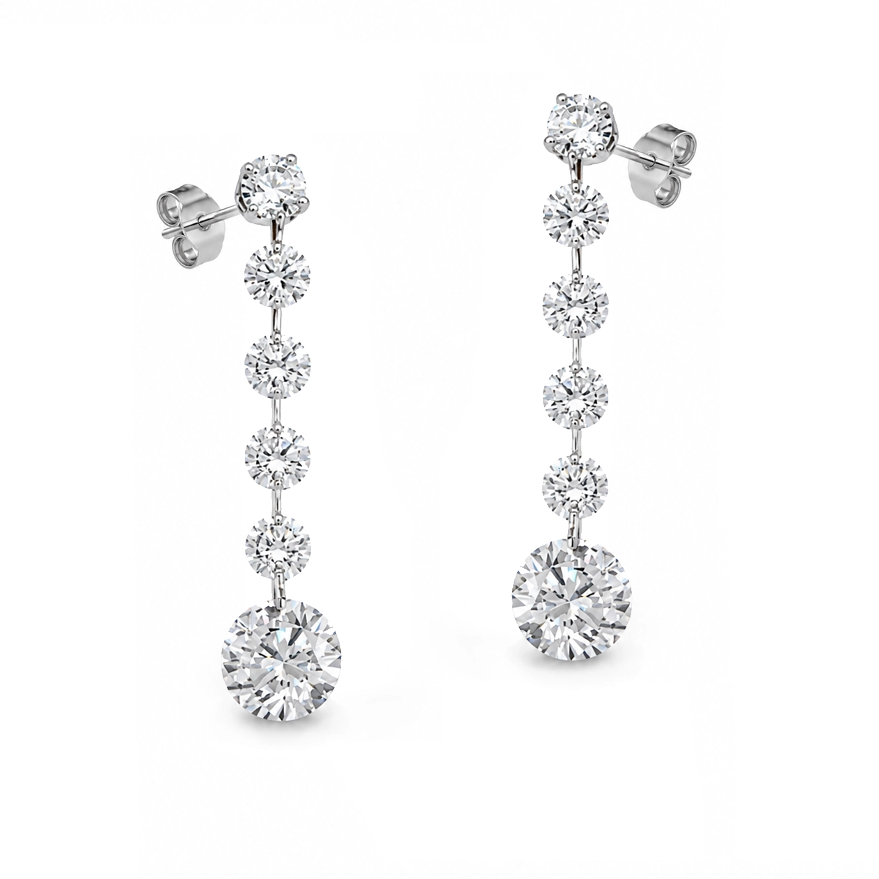 White Gold Round Diamond Drop Earrings In 18K With 2.00 Ct Diamonds 1 - Orogem Jewelers White Gold Round Diamond Drop Earrings In 18K With Round Brilliant Lab Diamonds, Front View.