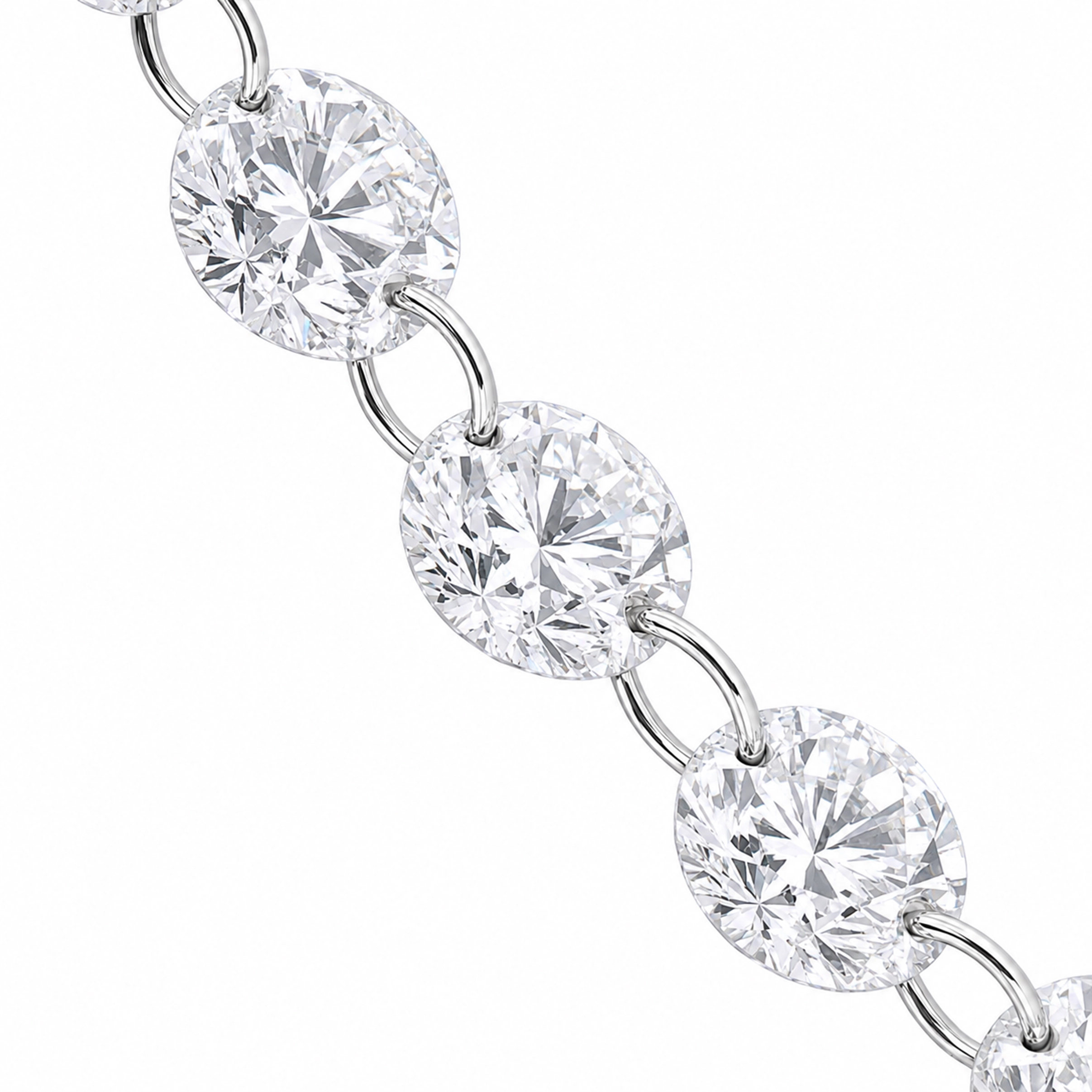 White Gold Round Diamond Necklace In 18K With 12.10 Ct Lab Diamonds 3 - Orogem Jewelers Close-Up Of A White Gold Round Diamond Necklace With Individually Drilled And Linked Round Lab Grown Diamonds.
