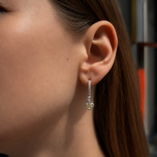 Yellow diamond heart drop earrings in 18k white gold pear details
