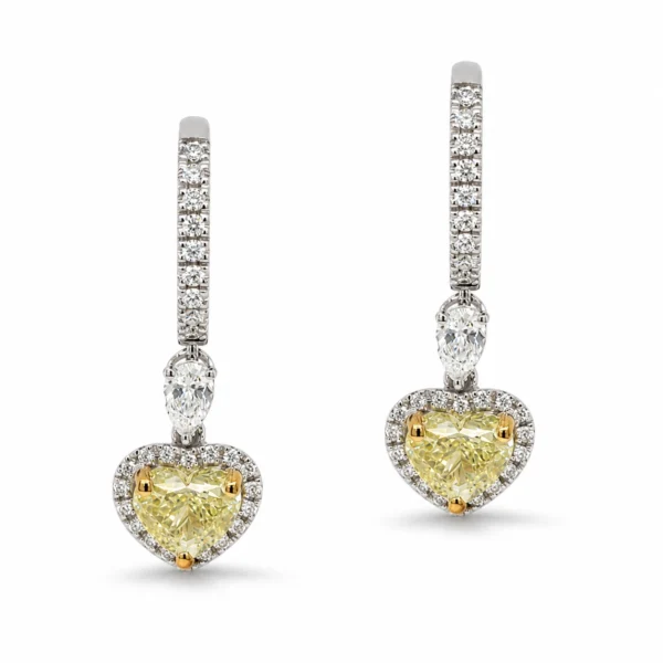 Yellow diamond heart drop earrings in 18k white gold pear details