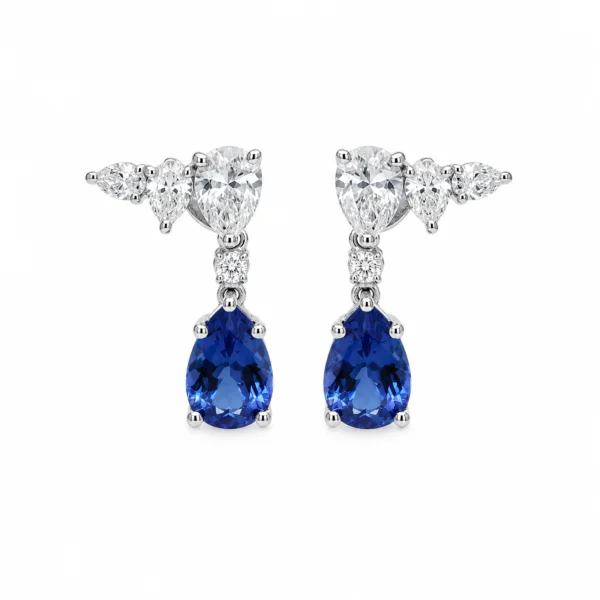 White gold pear sapphire drop earrings with 2.97 ct pear cut sapphires and 0.87 ct pear and round diamonds, front view.