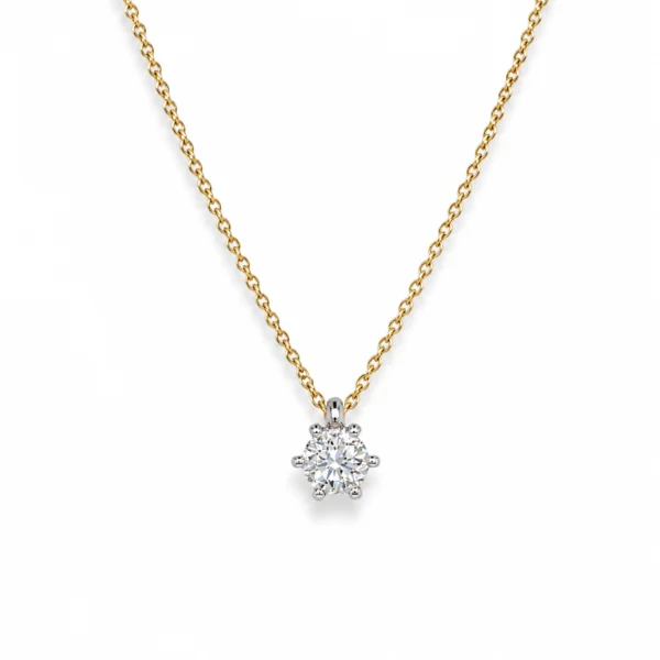 Collana solitario diamante in oro giallo 18 carati con diamante da 0,30 ct F VS2 certificato GIA in chaton di oro bianco 18 carati.