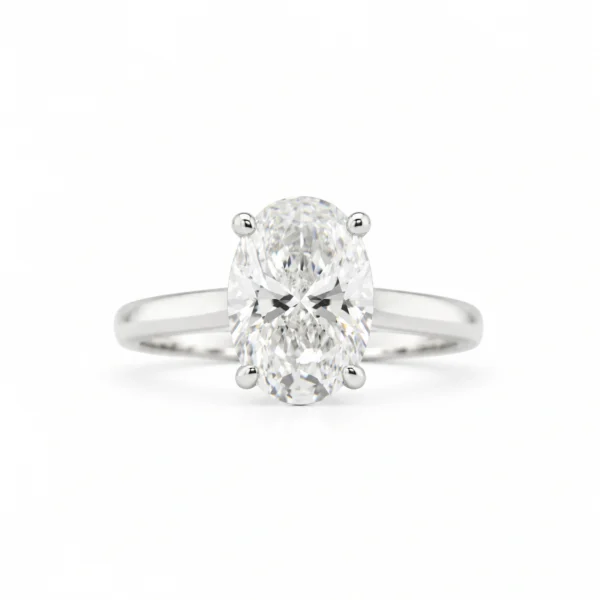 1.58 carat oval lab diamond ring with D VVS2 IGI-certified center stone set in polished 18k white gold, front view.