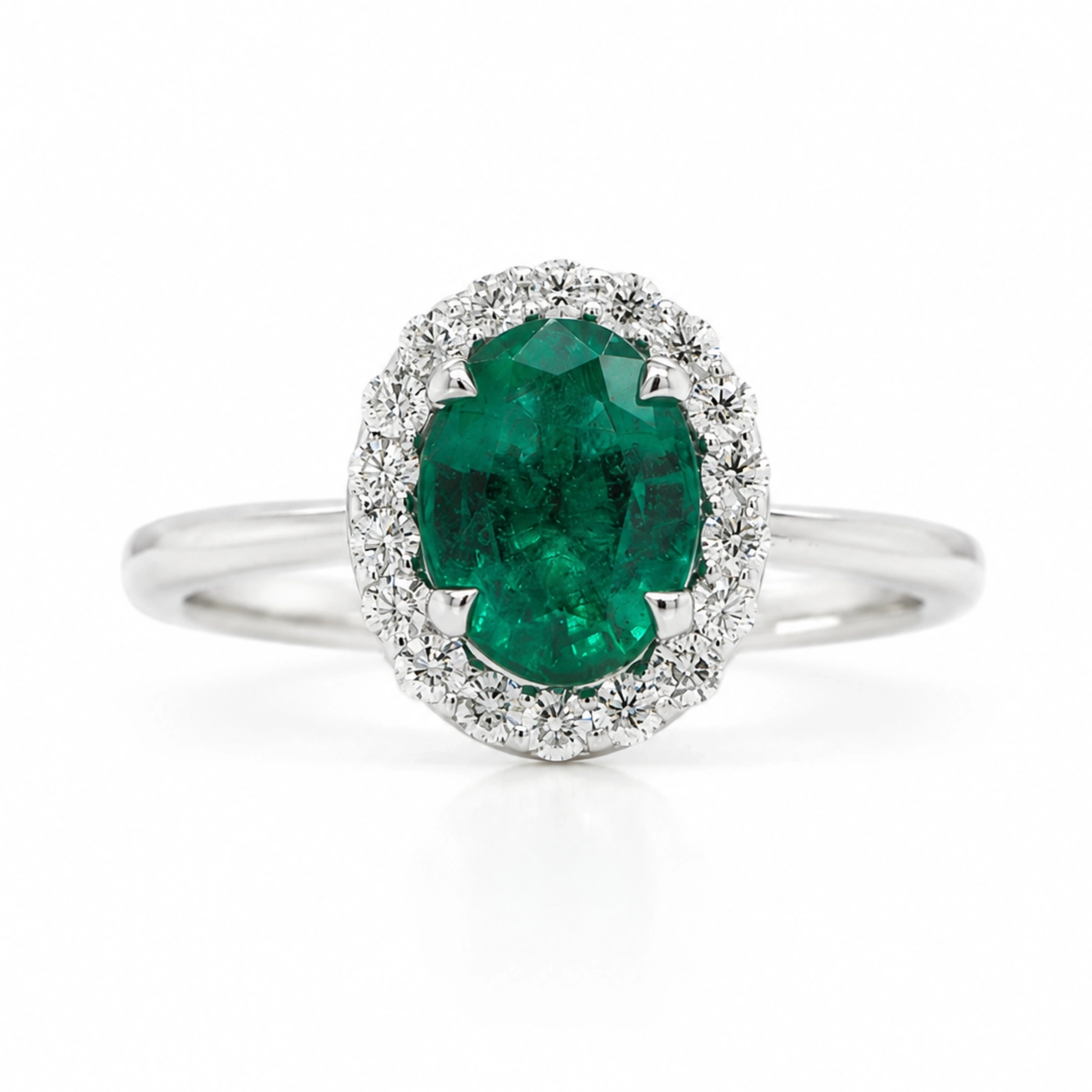 Emerald And Diamond Halo Ring In 18K White Gold4 Emerald And Diamond Halo Ring In 18K White Gold