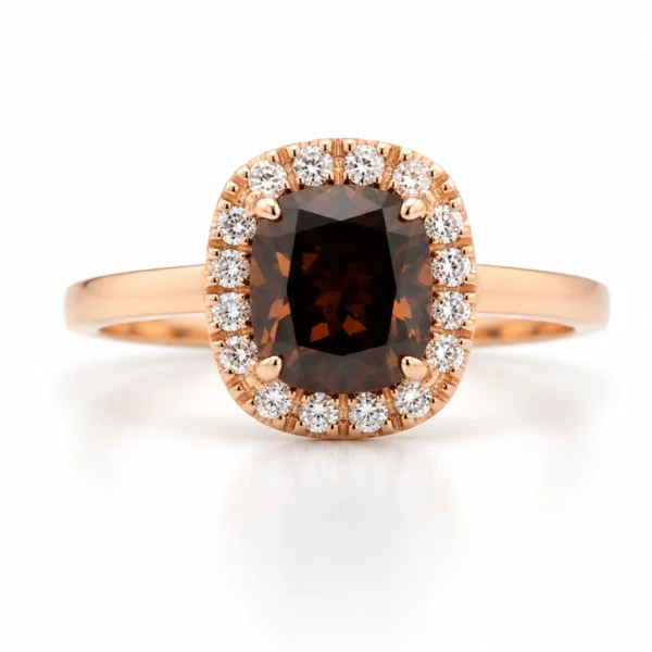 Fancy dark brown diamond halo ring in 18k rose gold with a 1.52 ct FDB VS2 HRD-certified cushion diamond and 0.14 ct D-F VS diamonds.