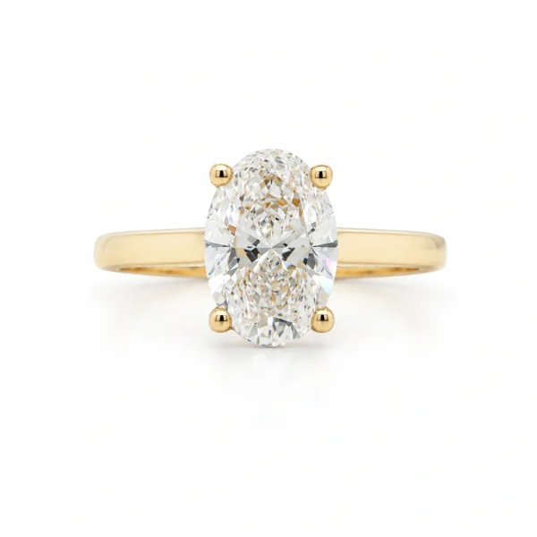 Ovale lab diamant ring geelgoud met een 1,58 ct D VVS2 IGI-gecertificeerde diamant in gepolijst 18k geelgoud, vooraanzicht.