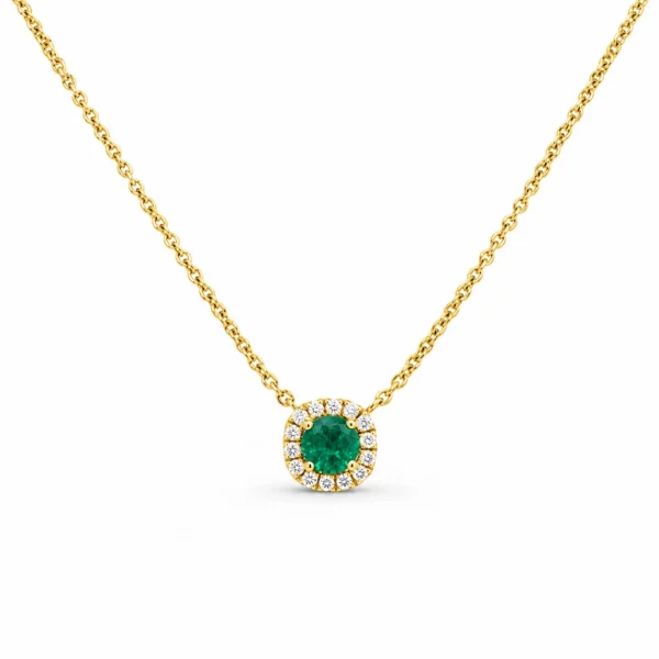 Pendant necklace with a round natural emerald of 0.32 carat in a halo of D–F VS round brilliant diamonds, on an 18K yellow gold chain of 40 to 42 cm